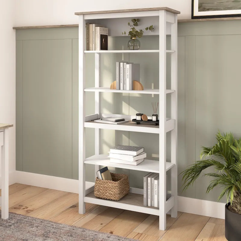 Bibliothèque haute moderne de style champêtre à 5 étagères – Gris planches/Blanc pur et Noir vintage/Pin recyclé