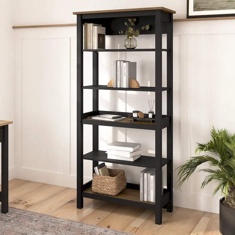 Bibliothèque haute moderne de style champêtre à 5 étagères – Gris planches/Blanc pur et Noir vintage/Pin recyclé