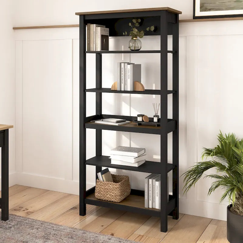Bibliothèque haute moderne de style champêtre à 5 étagères – Gris planches/Blanc pur et Noir vintage/Pin recyclé