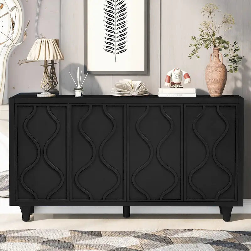 Buffet de rangement incurvé embossé noir à 4 portes