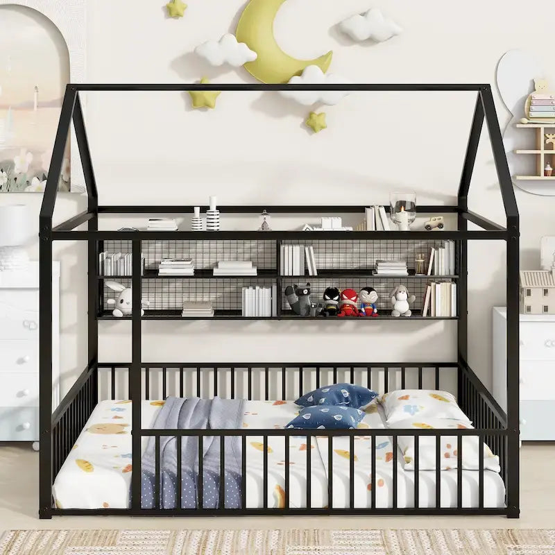 Black / White / Pink Metal House Bed Frame with Shelves, Twin, 1-Person