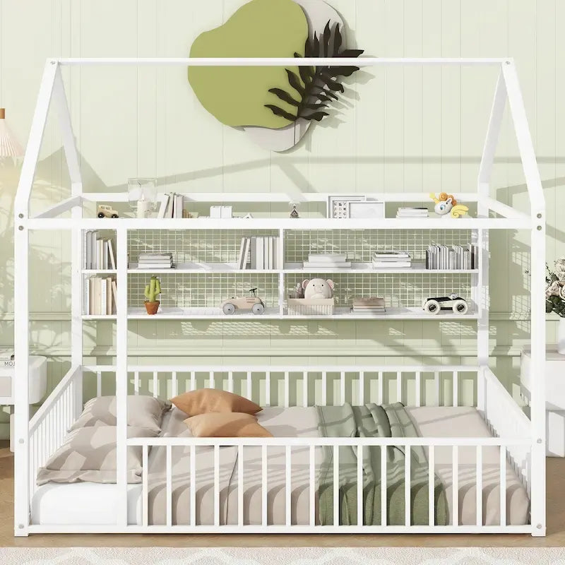 Black / White / Pink Metal House Bed Frame with Shelves, Twin, 1-Person