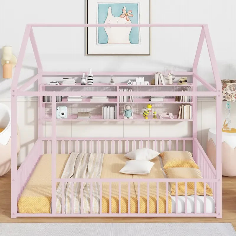 Black / White / Pink Metal House Bed Frame with Shelves, Twin, 1-Person