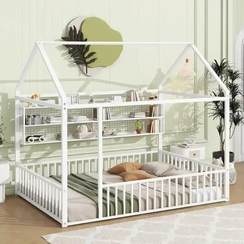 Black / White / Pink Metal House Bed Frame with Shelves, Twin, 1-Person