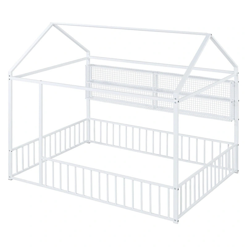 Cadre de lit maison en métal noir/blanc/rose avec étagères, simple, 1 personne