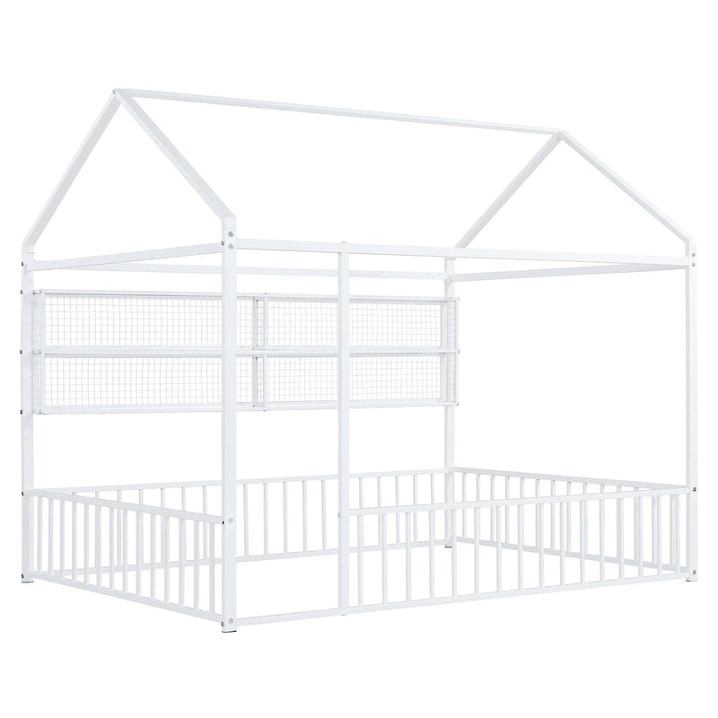 Cadre de lit maison en métal noir/blanc/rose avec étagères, simple, 1 personne
