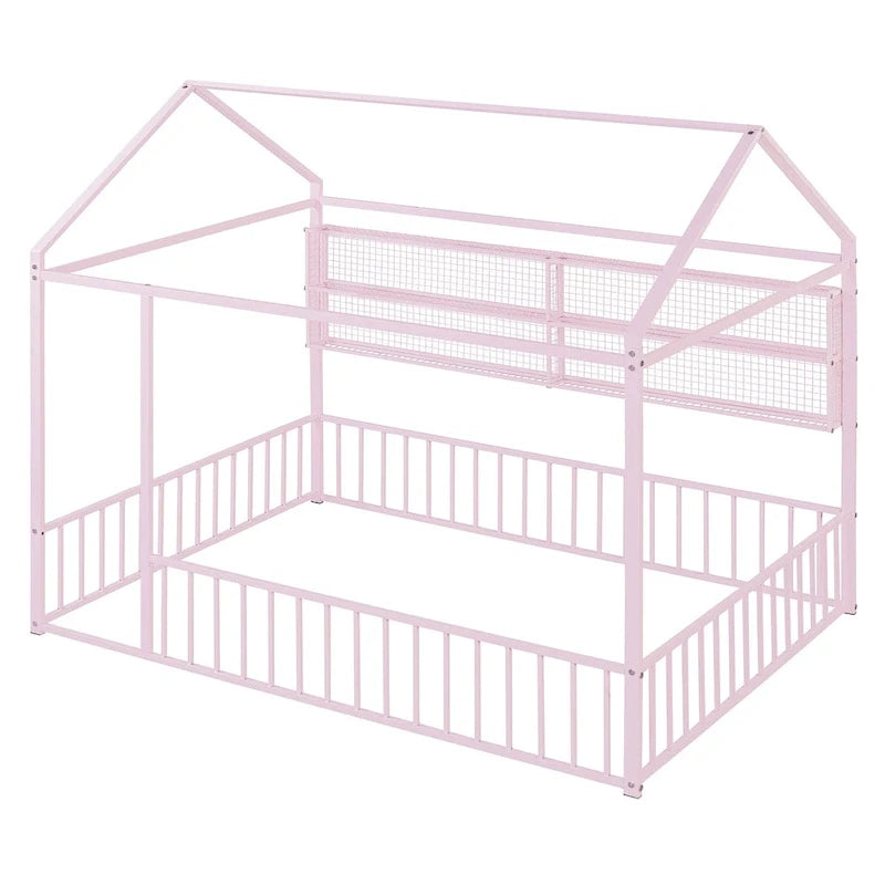Cadre de lit maison en métal noir/blanc/rose avec étagères, simple, 1 personne