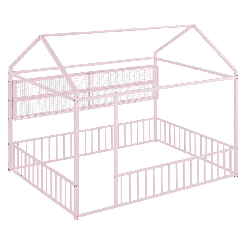Cadre de lit maison en métal noir/blanc/rose avec étagères, simple, 1 personne