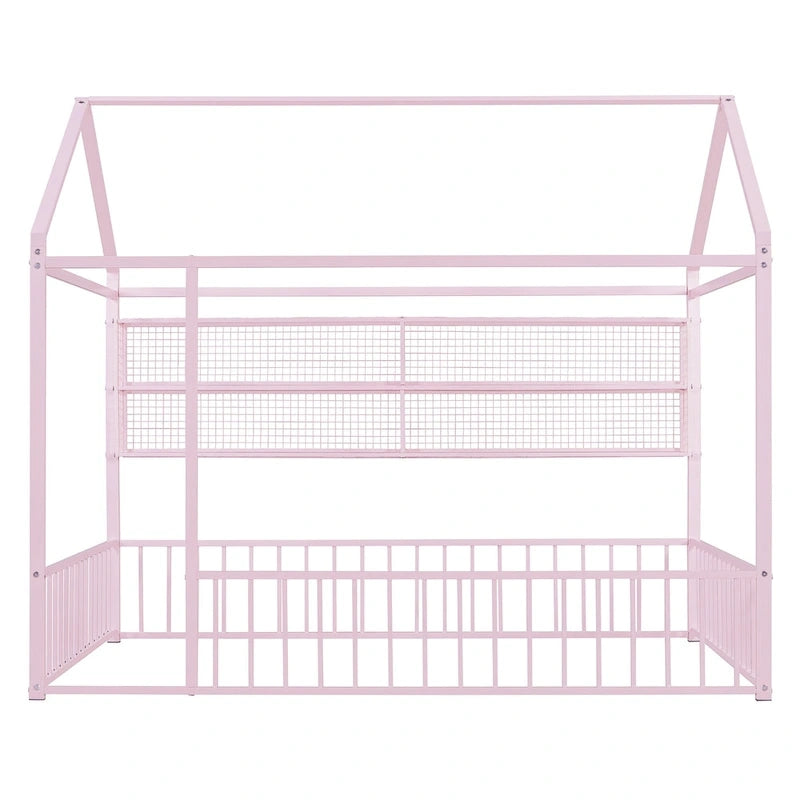 Cadre de lit maison en métal noir/blanc/rose avec étagères, simple, 1 personne