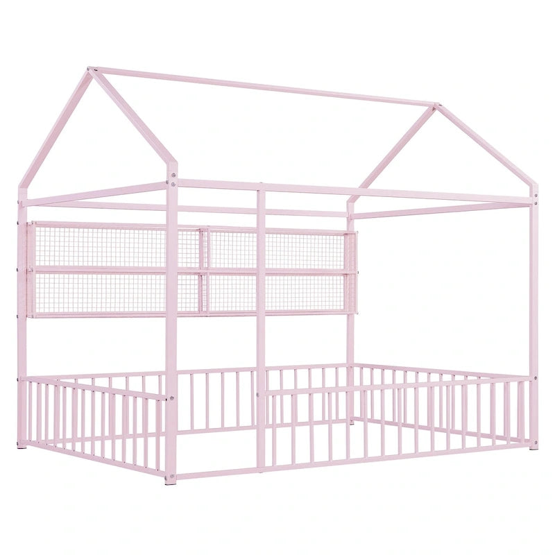 Cadre de lit maison en métal noir/blanc/rose avec étagères, simple, 1 personne