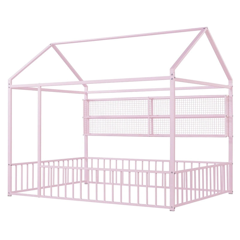 Cadre de lit maison en métal noir/blanc/rose avec étagères, simple, 1 personne