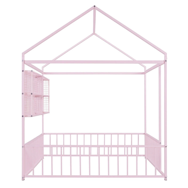 Cadre de lit maison en métal noir/blanc/rose avec étagères, simple, 1 personne