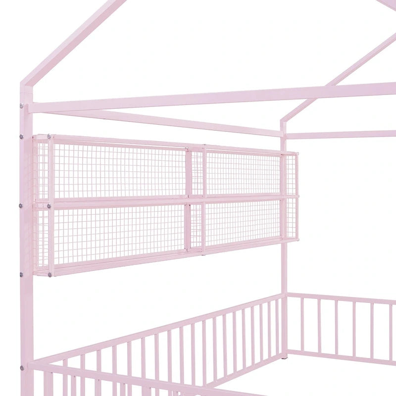Cadre de lit maison en métal noir/blanc/rose avec étagères, simple, 1 personne