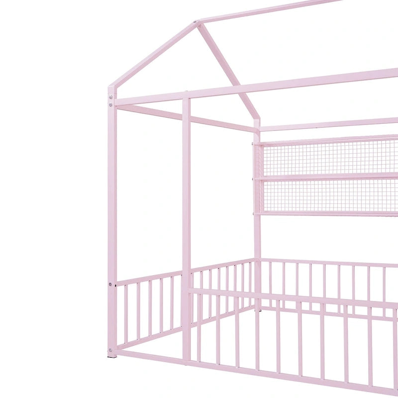 Cadre de lit maison en métal noir/blanc/rose avec étagères, simple, 1 personne
