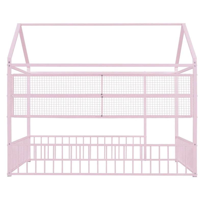 Cadre de lit maison en métal noir/blanc/rose avec étagères, simple, 1 personne