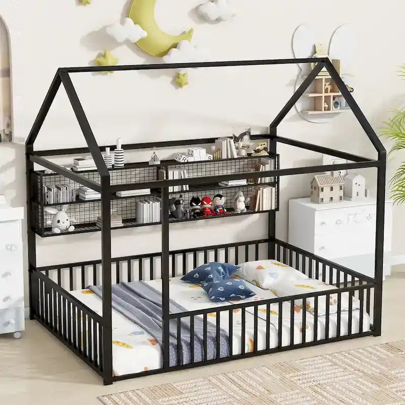 Cadre de lit maison en métal noir/blanc/rose avec étagères, simple, 1 personne