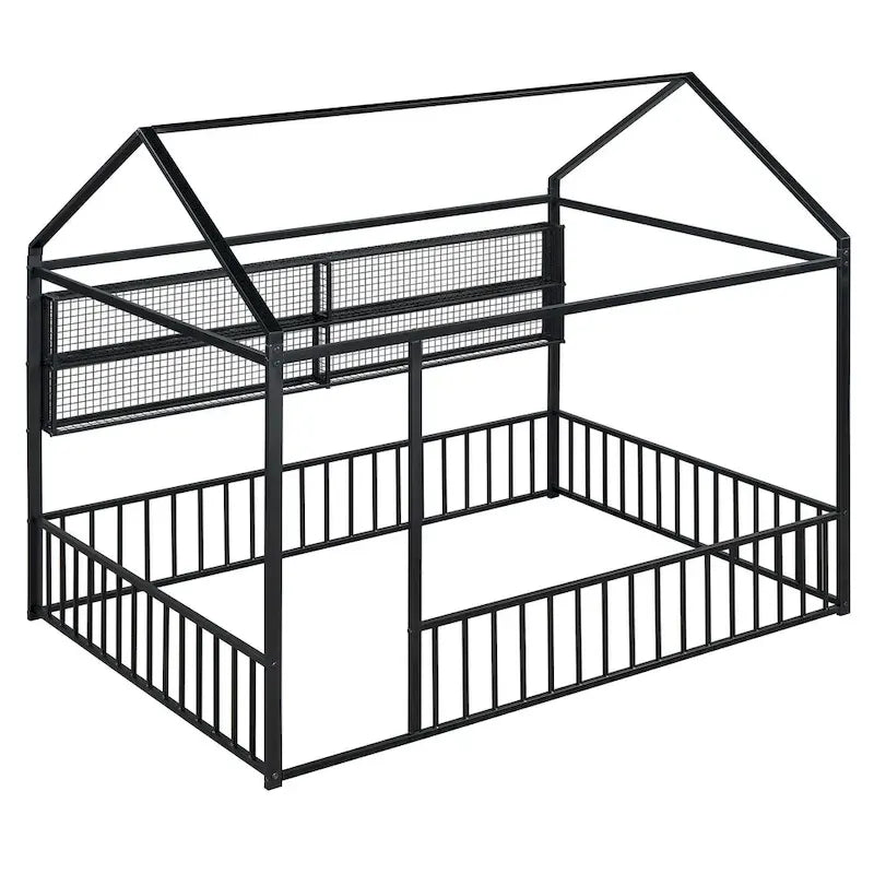 Cadre de lit maison en métal noir/blanc/rose avec étagères, simple, 1 personne
