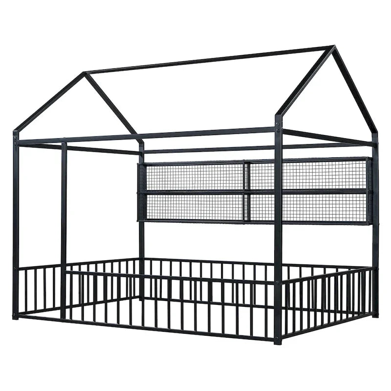 Cadre de lit maison en métal noir/blanc/rose avec étagères, simple, 1 personne