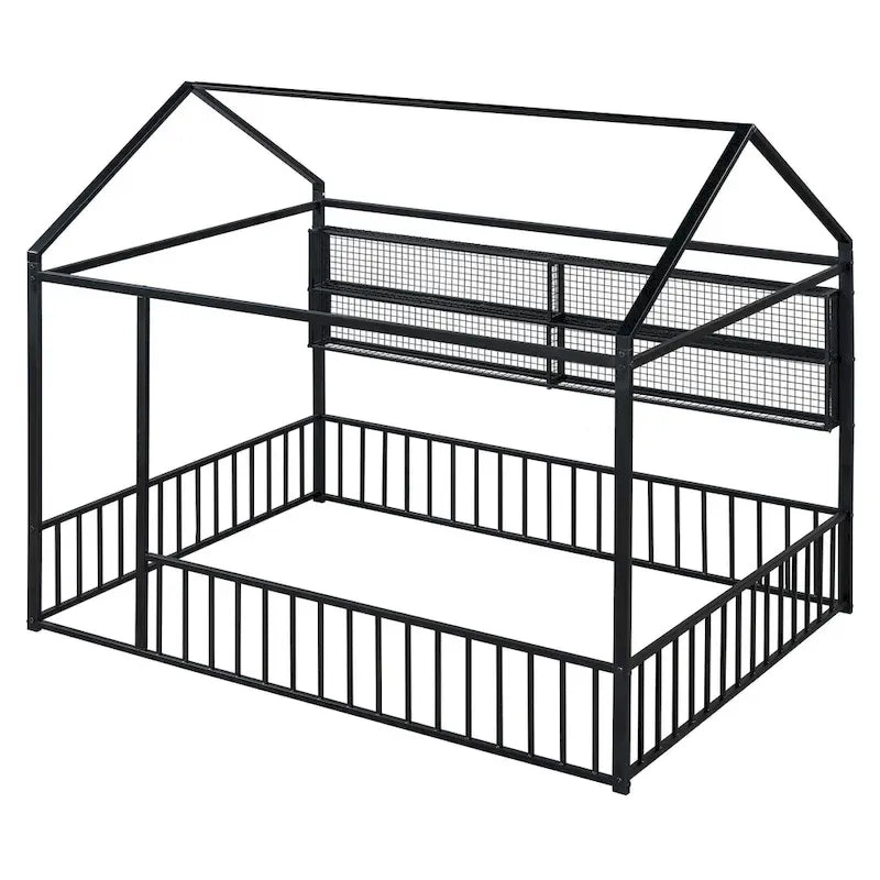 Cadre de lit maison en métal noir/blanc/rose avec étagères, simple, 1 personne