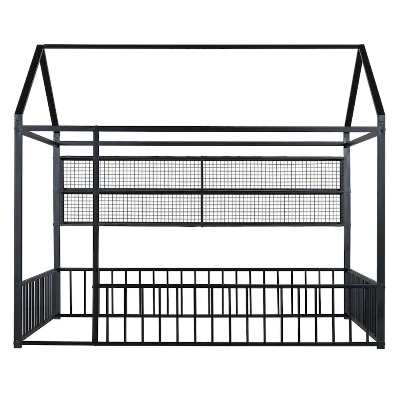 Cadre de lit maison en métal noir/blanc/rose avec étagères, simple, 1 personne