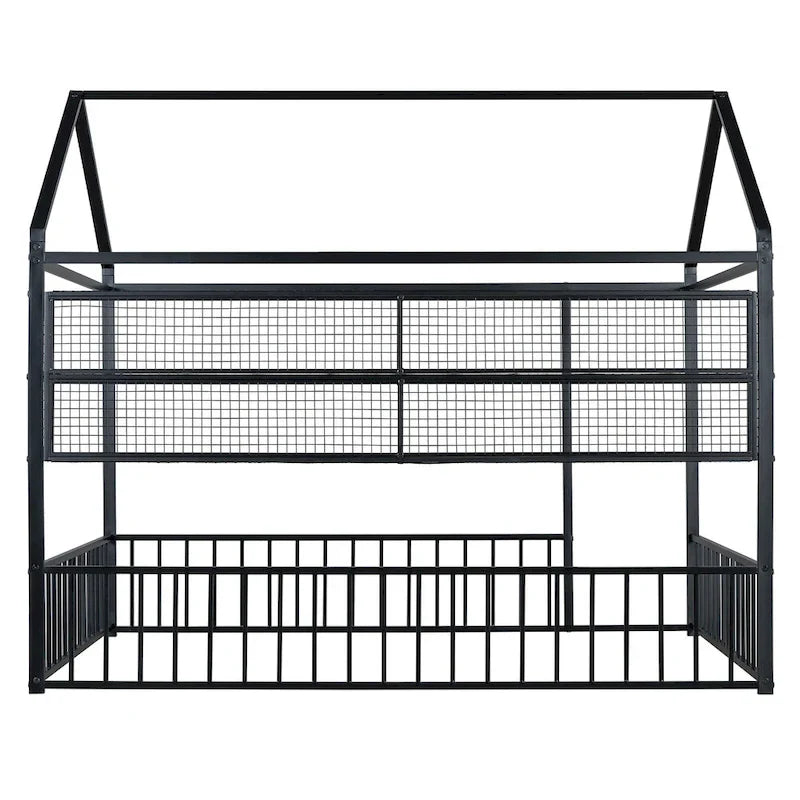 Cadre de lit maison en métal noir/blanc/rose avec étagères, simple, 1 personne