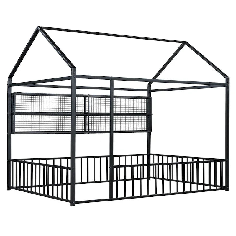 Cadre de lit maison en métal noir/blanc/rose avec étagères, simple, 1 personne