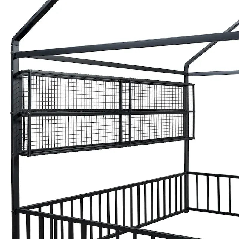Cadre de lit maison en métal noir/blanc/rose avec étagères, simple, 1 personne