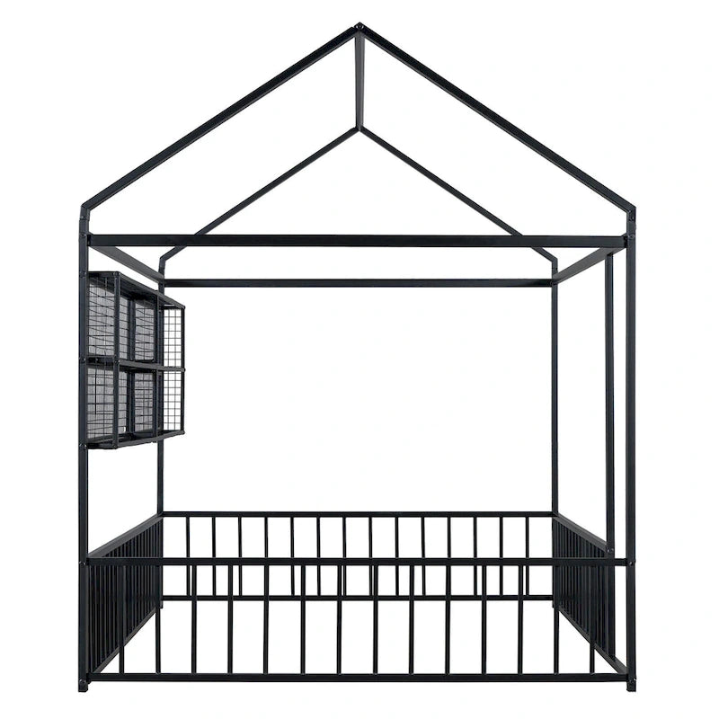 Cadre de lit maison en métal noir/blanc/rose avec étagères, simple, 1 personne