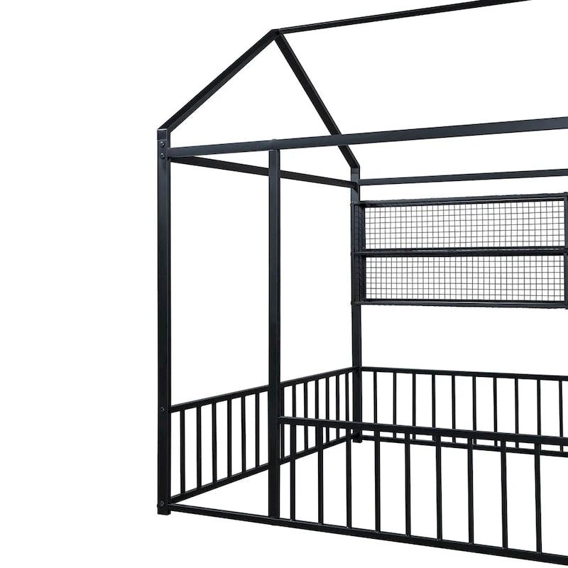 Cadre de lit maison en métal noir/blanc/rose avec étagères, simple, 1 personne