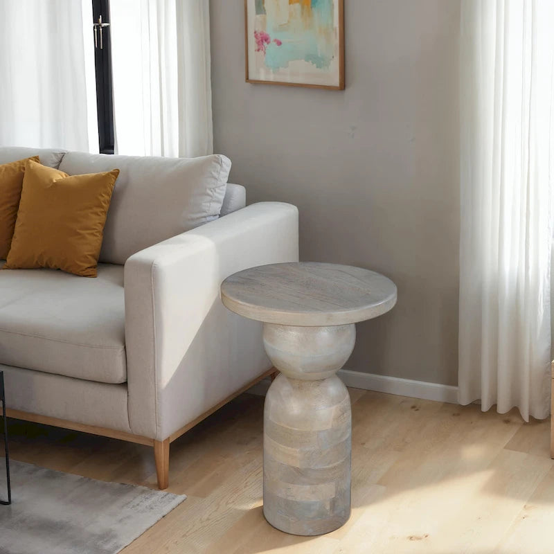 Tia 12 Inch Round Side End Table, Turned Pedestal Base, Beige Mango Wood in Natural Brown Finish