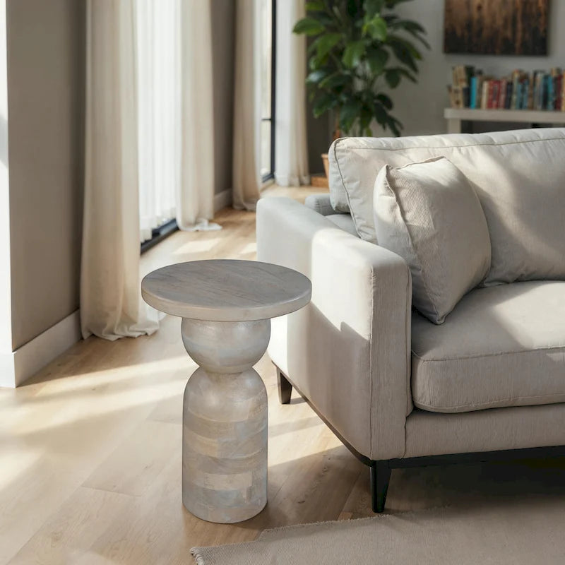 Table d'appoint ronde sur pied, marron et beige naturels