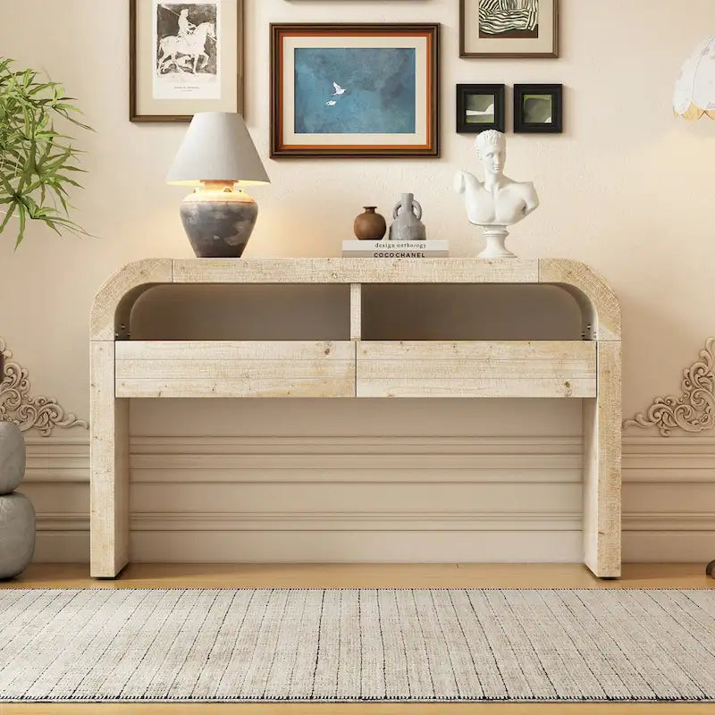 Natural Wood Wash 2-Drawer Console Table with Open Shelves, 1-Person Assembly