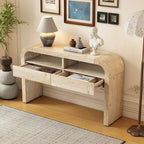 Table console en bois naturel délavé à 2 tiroirs avec étagères ouvertes, assemblage par 1 personne