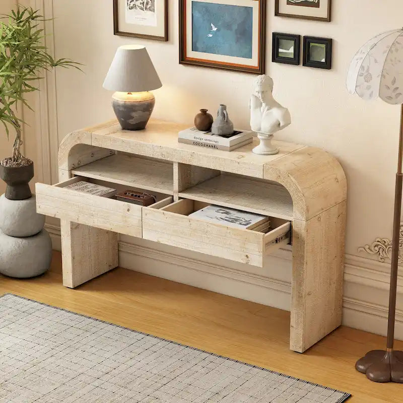 Natural Wood Wash 2-Drawer Console Table with Open Shelves, 1-Person Assembly