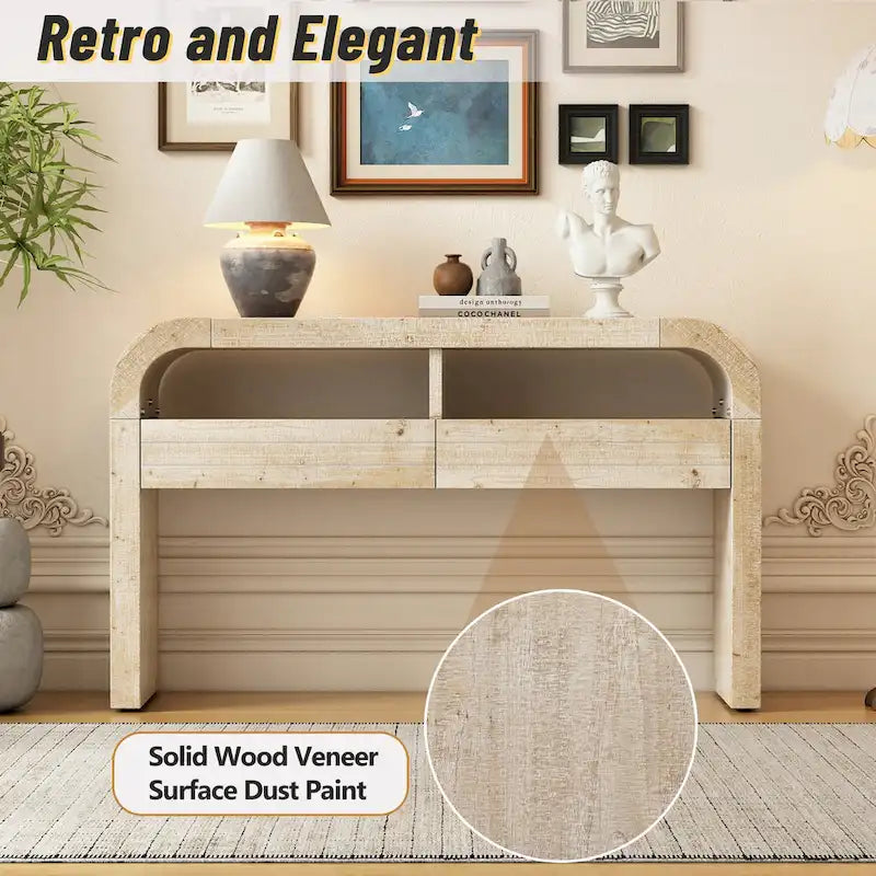 Natural Wood Wash 2-Drawer Console Table with Open Shelves, 1-Person Assembly