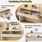 Table console en bois naturel délavé à 2 tiroirs avec étagères ouvertes, assemblage par 1 personne