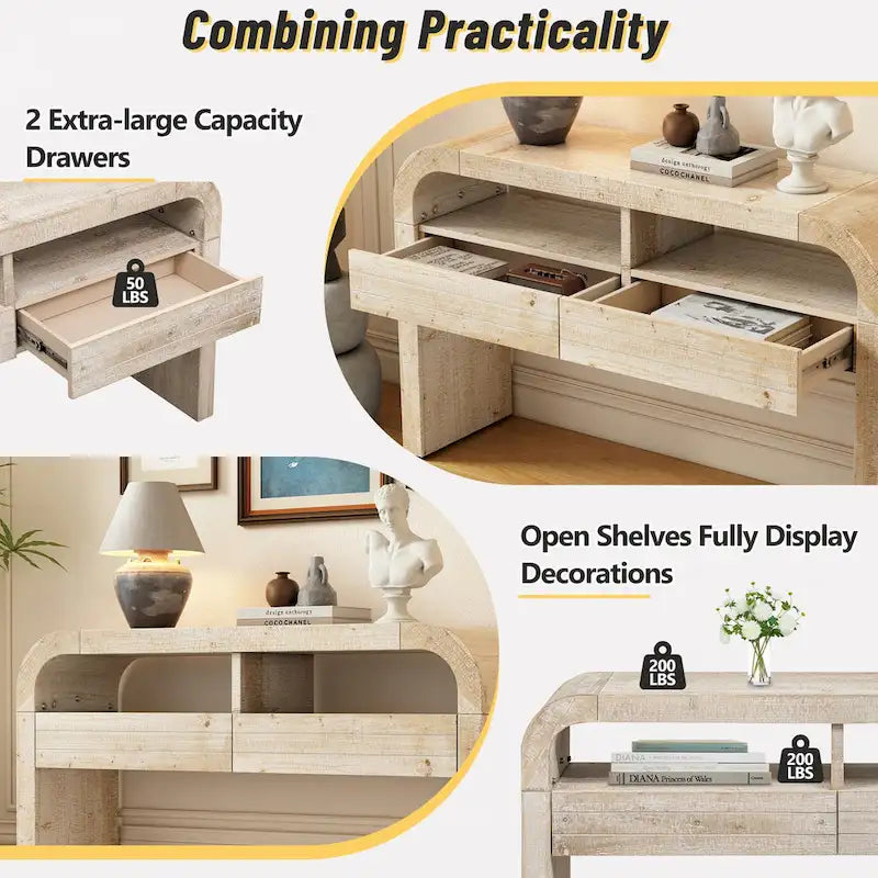 Table console en bois naturel délavé à 2 tiroirs avec étagères ouvertes, assemblage par 1 personne
