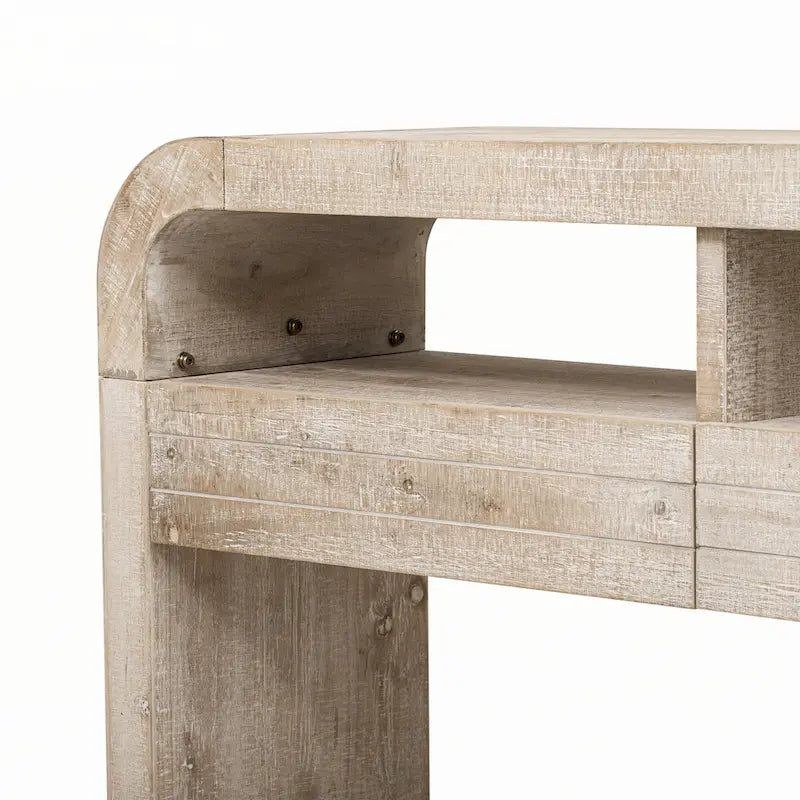 Table console en bois naturel délavé à 2 tiroirs avec étagères ouvertes, assemblage par 1 personne