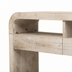 Table console en bois naturel délavé à 2 tiroirs avec étagères ouvertes, assemblage par 1 personne
