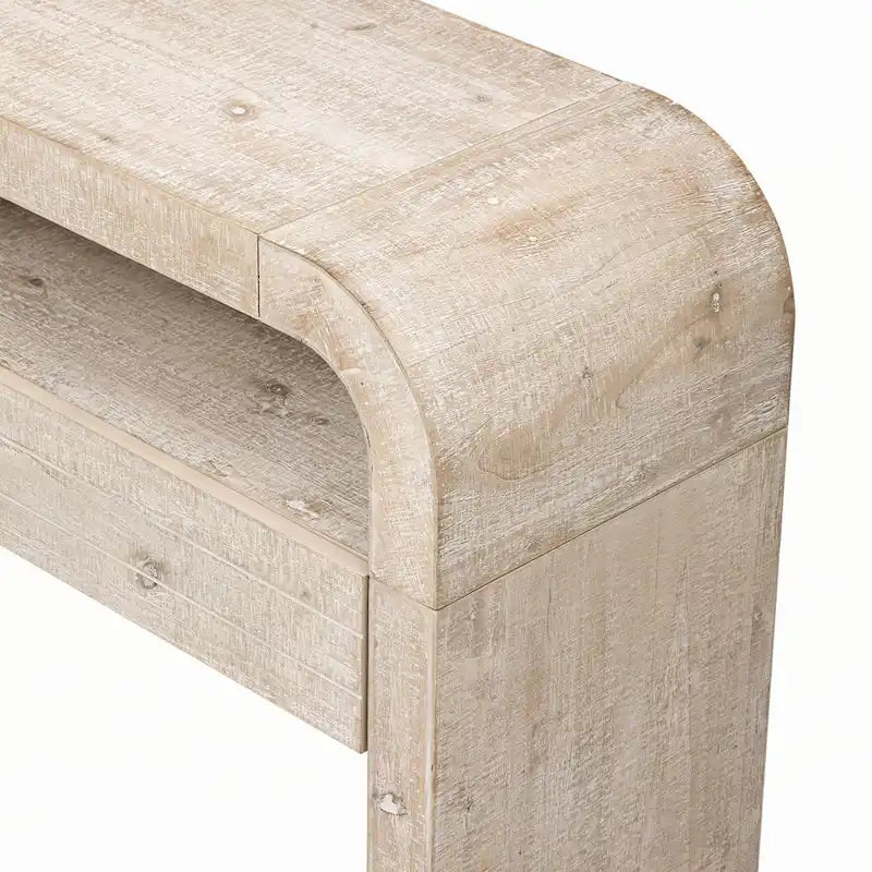 Table console en bois naturel délavé à 2 tiroirs avec étagères ouvertes, assemblage par 1 personne