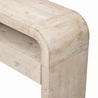 Table console en bois naturel délavé à 2 tiroirs avec étagères ouvertes, assemblage par 1 personne
