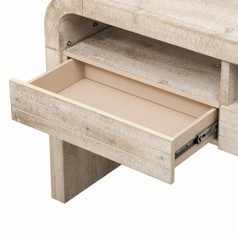 Table console en bois naturel délavé à 2 tiroirs avec étagères ouvertes, assemblage par 1 personne