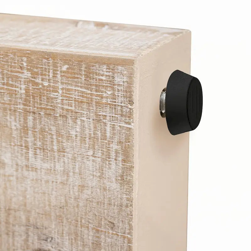 Table console en bois naturel délavé à 2 tiroirs avec étagères ouvertes, assemblage par 1 personne