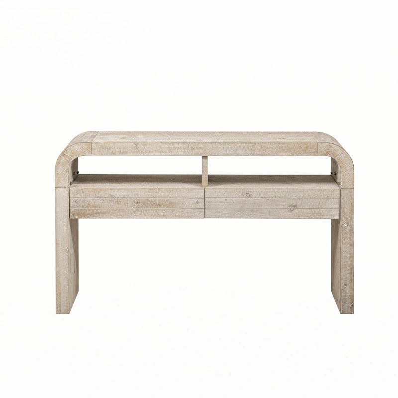 Table console en bois naturel délavé à 2 tiroirs avec étagères ouvertes, assemblage par 1 personne
