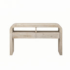 Table console en bois naturel délavé à 2 tiroirs avec étagères ouvertes, assemblage par 1 personne