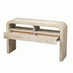 Table console en bois naturel délavé à 2 tiroirs avec étagères ouvertes, assemblage par 1 personne