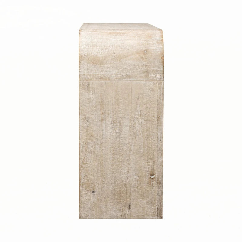 Table console en bois naturel délavé à 2 tiroirs avec étagères ouvertes, assemblage par 1 personne