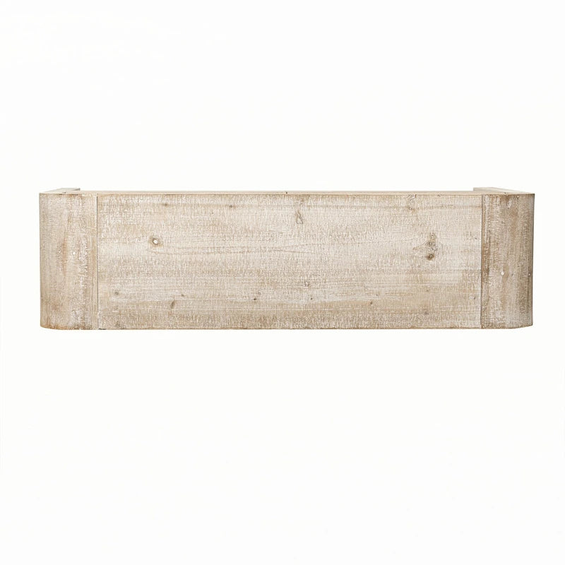 Table console en bois naturel délavé à 2 tiroirs avec étagères ouvertes, assemblage par 1 personne