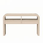 Table console en bois naturel délavé à 2 tiroirs avec étagères ouvertes, assemblage par 1 personne
