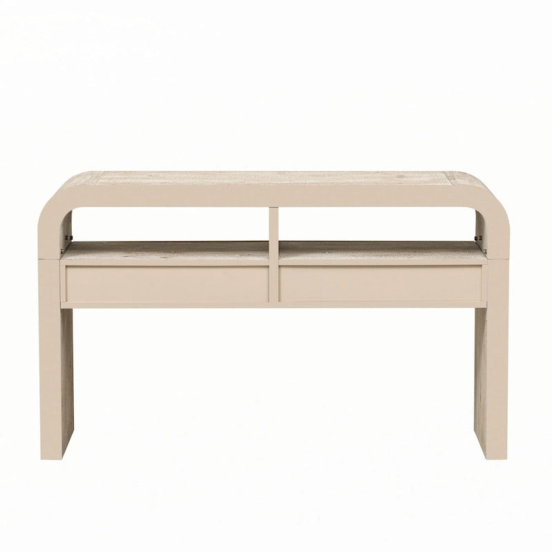 Table console en bois naturel délavé à 2 tiroirs avec étagères ouvertes, assemblage par 1 personne